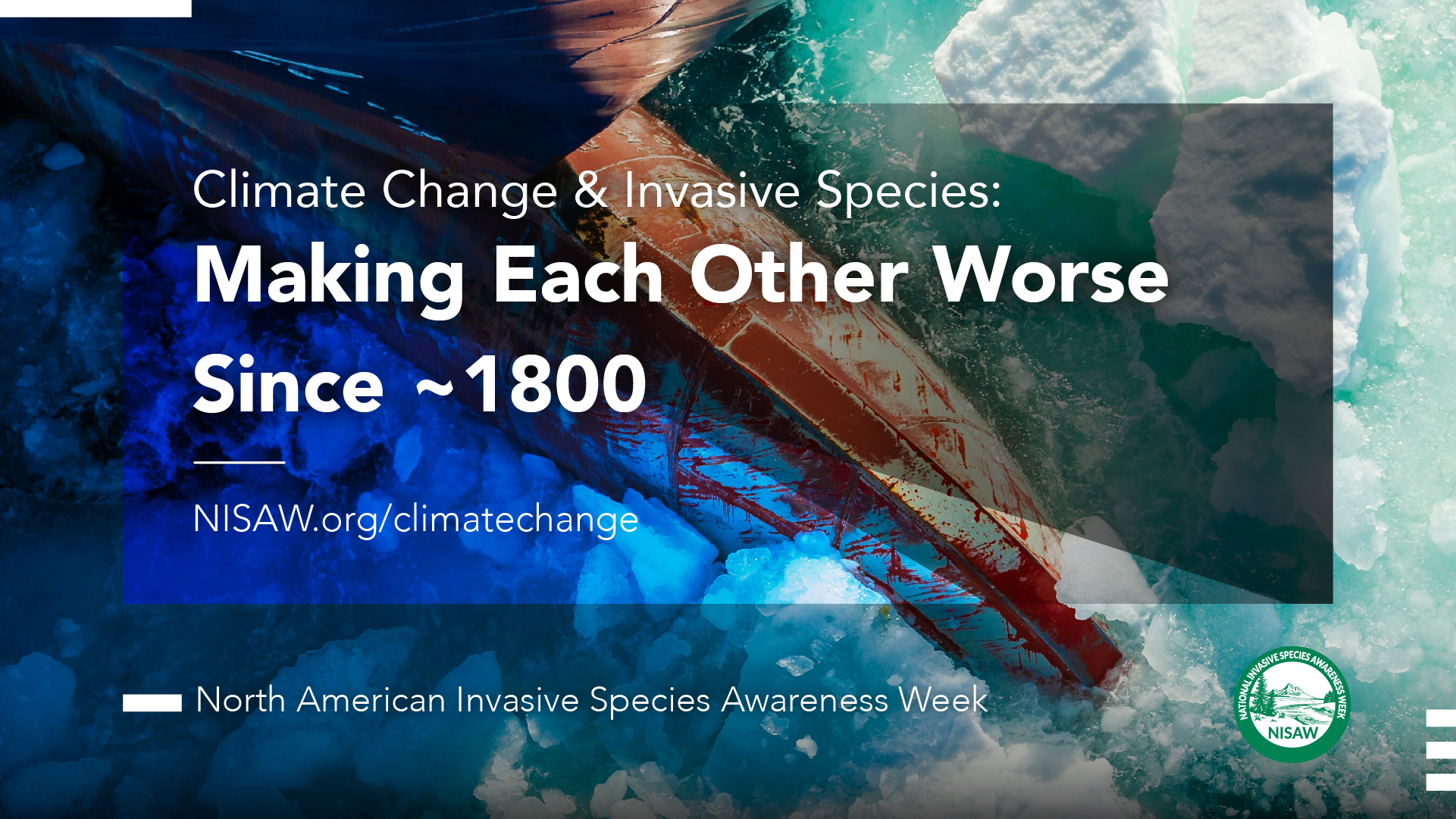background photo of icebreaker on graphic with text: Climate Change & Invasive Species: Making Each Other Worse Since ~1800
